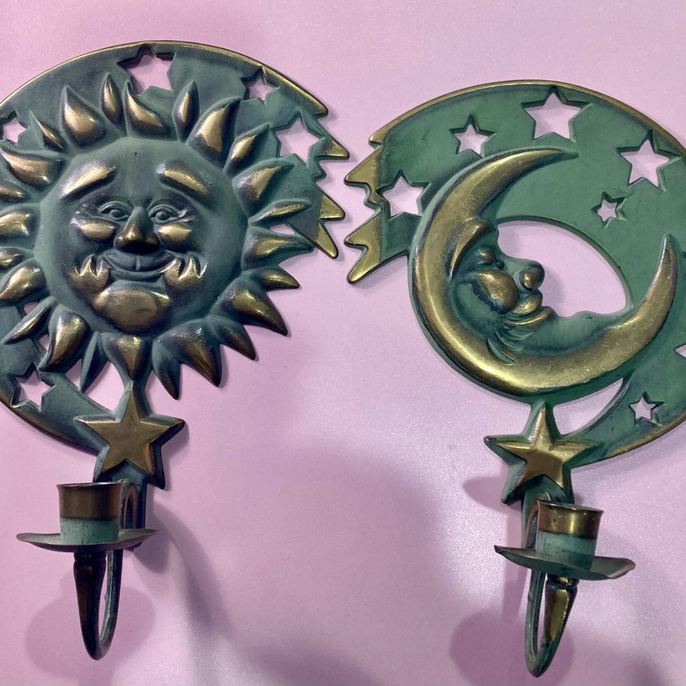 SOLD. PartyLite Celestial Sun and Moon Wall Hooks - Green and Gold